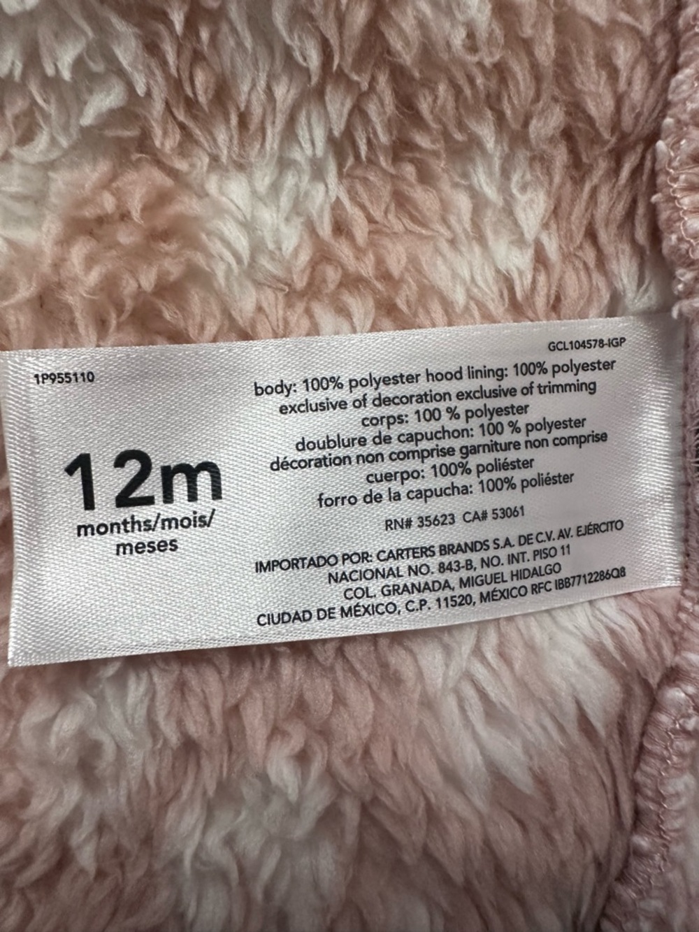 Carter’s Pink Teddy Fleece Bear Ear Jacket 12M - Picture 6 of 6